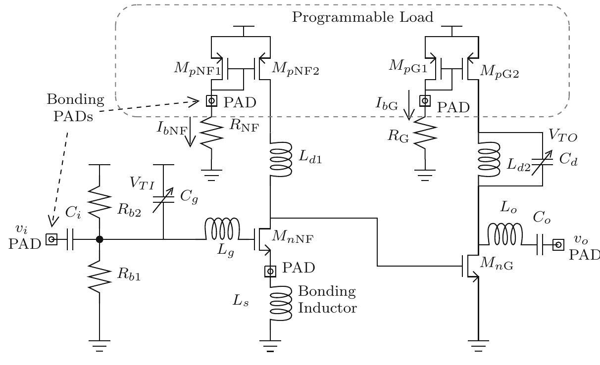 4INZAS LU HAVE INTIN 1LUdUs [ILUTJI].  Note that a cascode stage could be used to increase the voltage gain compared vith the single stage with inductively source degeneration. However, cascode stages imit the resonant frequency tuning in terms of voltage gain. Such a trade-off is llustrated in Fig. 7.7, where an inductively source degeneration (ISD) and a cascode vith an inductively source degeneration (CISD) LNAs are compared respectively, onsidering a variation of g,,.,1;. Note that a lower tuning range is obtained by the “ISD topology. For that reason, a simple input stage was considered in this design. 