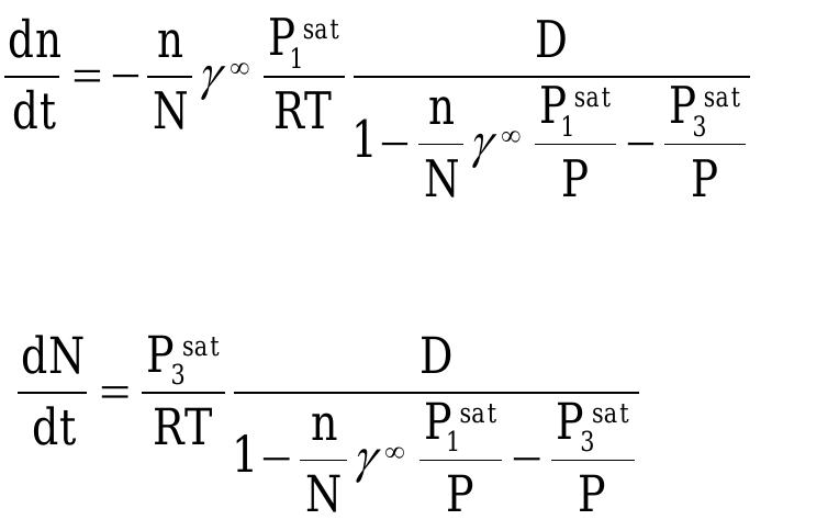 where p* is the saturated vapour pressure of component i . The last two equations have been  equation (3-33) and replacing x, by (3-35) result in:  the cell with time for both the solute and the solvent. Substituting D, in these two equations by  The differential equations (3-30) and (3-31) describe the variations of the number of moles in 