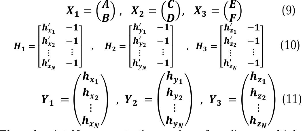 Using least square approach for solving the previous equations using N readings in which the heading, pitch and roll values are unique enough to solve the system of equations. 