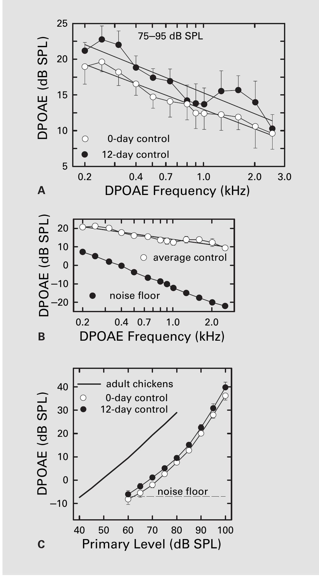 Fig. 3. A DP-grams, showing the average DPOAE response for pri- maries between 75 and 95 dB across frequency in younger and older control chicks. The solid lines are regression fits to each function. Older chicks show a consistently larger response across frequency. B The DPOAE DP-gram, averaged for both age groups, is compared to the noise floor at each frequency. C The input/output functions, averaged over all frequencies, show a consistently larger response in older control animals (see text for details). 
