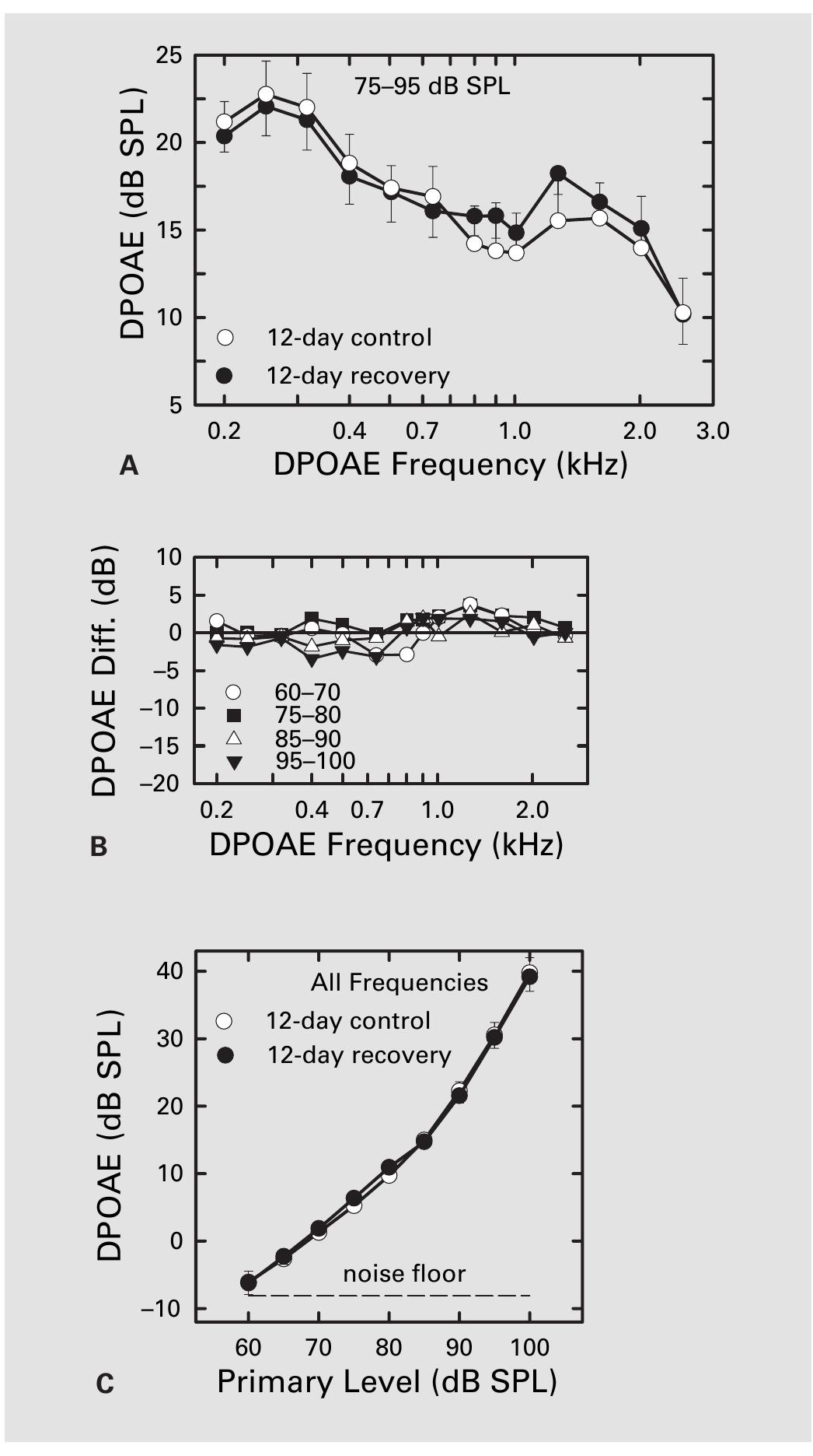 Fig. 7. A The DP-gram, averaged over primary intensities from 75 to 95 dB SPL, is shown for control and 12-day recovered groups. There is no systematic difference between groups. B The difference between DP-grams in control and 12-day recovered chicks, averaged across adjacent intensity levels, shows both groups exhibit the same re- sponse. C The DPOAE input/output function, averaged across all frequencies, is plotted for the control and 12-day recovered chicks. No differences between groups are seen at all primary levels. 