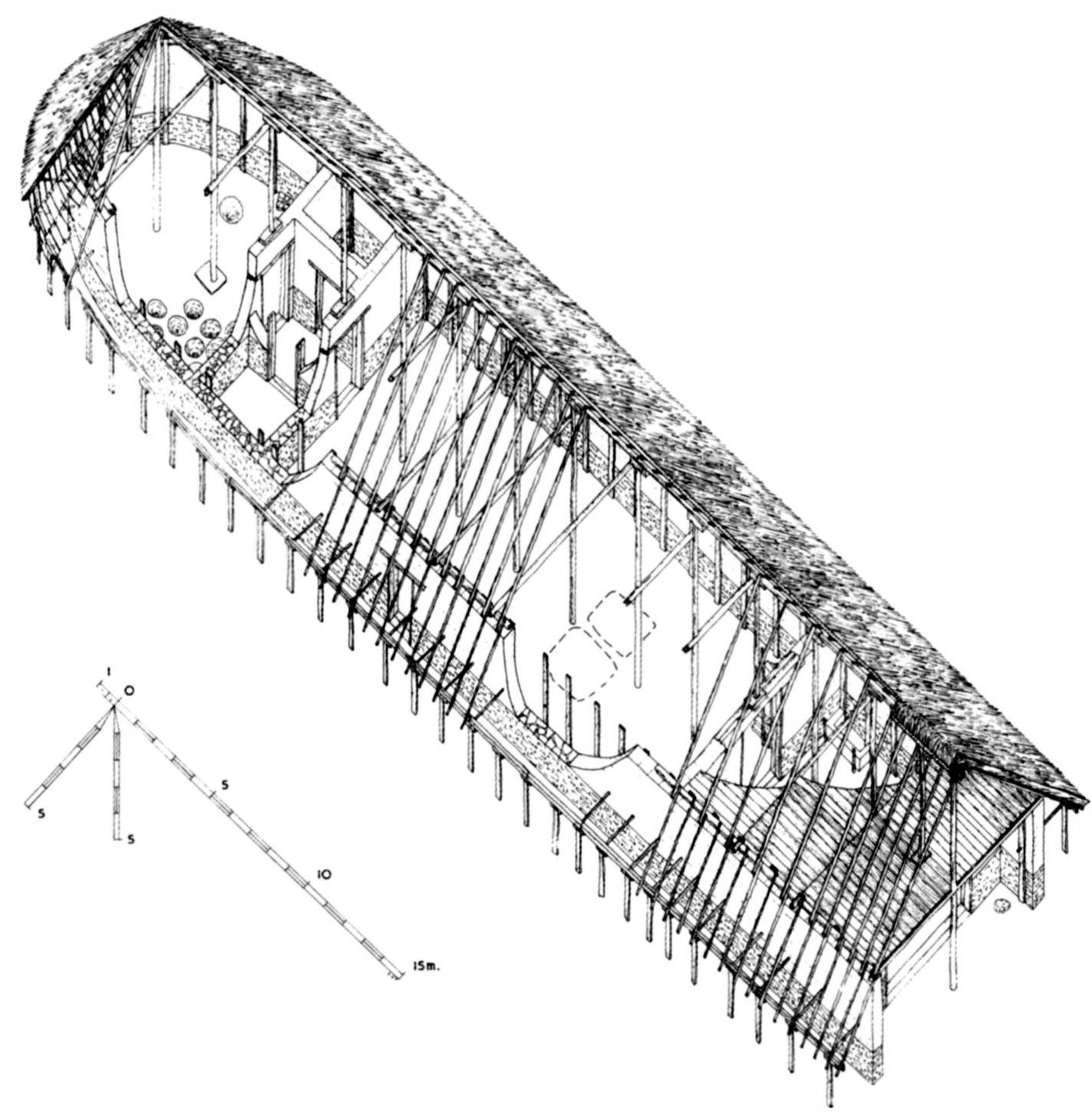 Fig. 4. Axonometric drawing of ruler’s residence, Lefkandi. (From Popham et al. 1993, pl. 28; reproduced with permission of the British School at Athens)  imagining a column located along the room’s cen- tral axis (which would yield a more plausible seat- ing arrangement). In that case, the palace begins to look less like a Mycenaean palace and more like the ruler’s residence at Lefkandi (fig. 4). Since Nausikaa is describing her mother in a “typical” pose, the megaron seems to be imagined as rather dark despite its “high roof,” hupserephes (Od. 7.85). It is apparently large enough to hold over 65 adults, including the royal family, the other rulers and coun- selors of Skherie, maidservants, and unexpected guests (Od. 7.103-6, 8.387-90; cf. 8.57-58 and be- ow). Nausikaa has her own private apartment, in which her nurse lights a fire and prepares her sup- per (Od. 7.7-13). Presumably the sons of Alkinoos have similar chambers (Od. 7.170; cf. 1.425 and IL. 6.242-50, 316-7). Parallels to all of these architec- tural features are seen in the palaces of Odysseus, Nestor, and Menelaos. Hainsworth is thus at least partially justified in calling the account “generic.”   F or it was like the radiance of the sun and moon throughout the lofty house of great-hearted Alkinoos. For brazen walls stretched on either side 