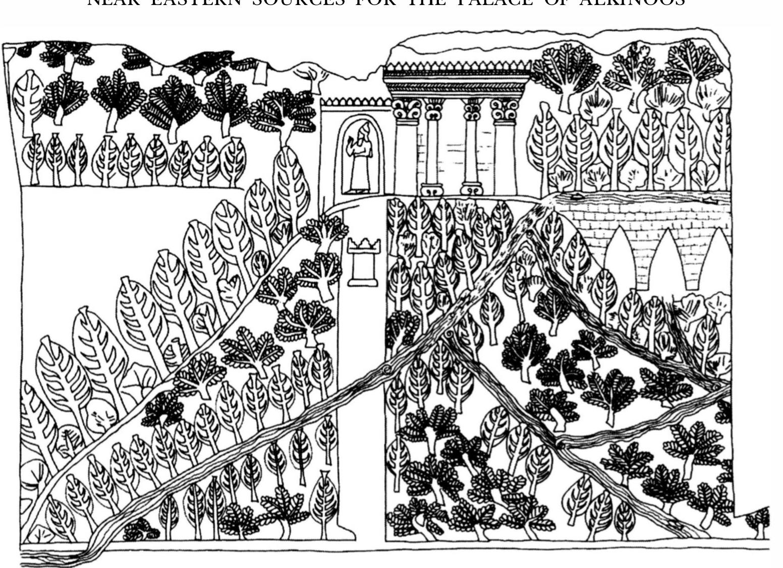 Fig. 10. Line drawing of relief depicting Sennacherib’s garden. (From Dalley 1994; reproduced with permission of the author) 