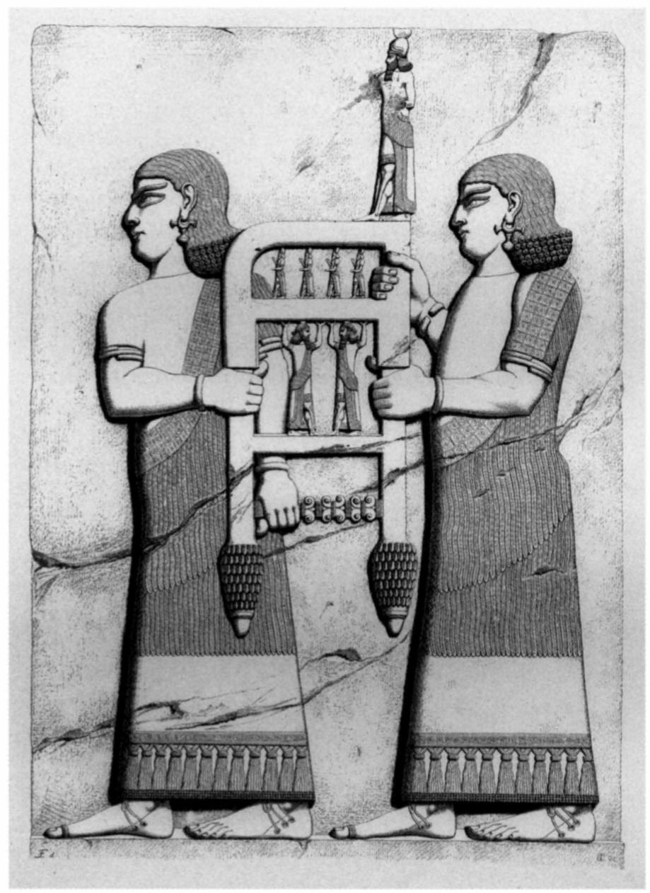 Fig. 12. Relief from palace of Sargon at Khorsabad: eunuchs carrying a throne. (From Botta and Flandin 1849, pl. 18; courtesy of Imprimerie nationale) 