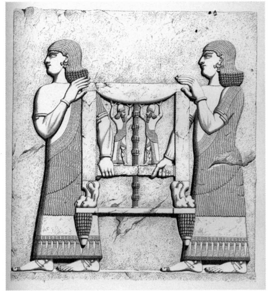 Fig. 13. Relief from palace of Sargon at Khorsabad: eunuchs carrying a table. (From Botta and Flandin 1849, pl. 19; courtesy of Imprimerie nationale)  Attempts to draw correlations with Bronze Age palace gardens of Minoan Crete are no less prob- lematic. A fresco painting from Amnisos supplies a possible example of a walled formal garden with Egyptian characteristics, but this could represent artistic borrowing: no material evidence for an ac- tual garden has been found at the site.’° Shaw has recently argued for the existence of a garden at the palace of Phaistos.’ This would have been a small and unwalled rock-garden planted with flowers and representing an idealized natural landscape. Nei- ther its function nor design bears any resemblance to the working farm attached to Alkinoos’s palace. Graham regards gardens as a characteristic feature of the Minoan palaces and has restored additional gardens at Knossos and Mallia.’* The gardens he imagines, however, are again typologically unrelat- ed to those of Alkinoos (although if Graham is right, the “garden” at Knossos was enclosed by a low retaining wall, which is in fact his sole piece of ar- chaeological evidence in support of restoring gar- dens at any location).!° 