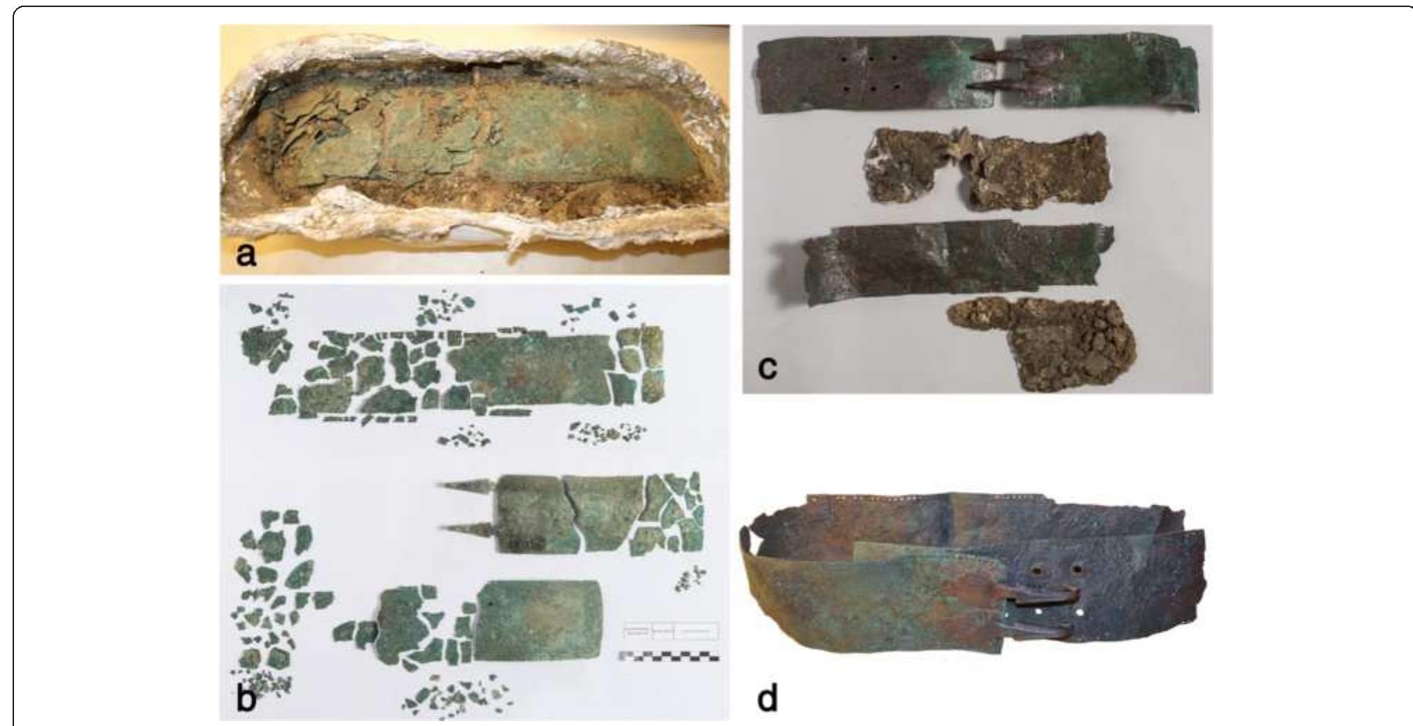 Figure 7 Different phases of the restoration of the belt. Picture of the different phases of the restoration: (a) during the micro-excavation; (b) just after the micro-excavation; (€) at the end of the restoration with organic layers; (d) final appearance of the artefact. 