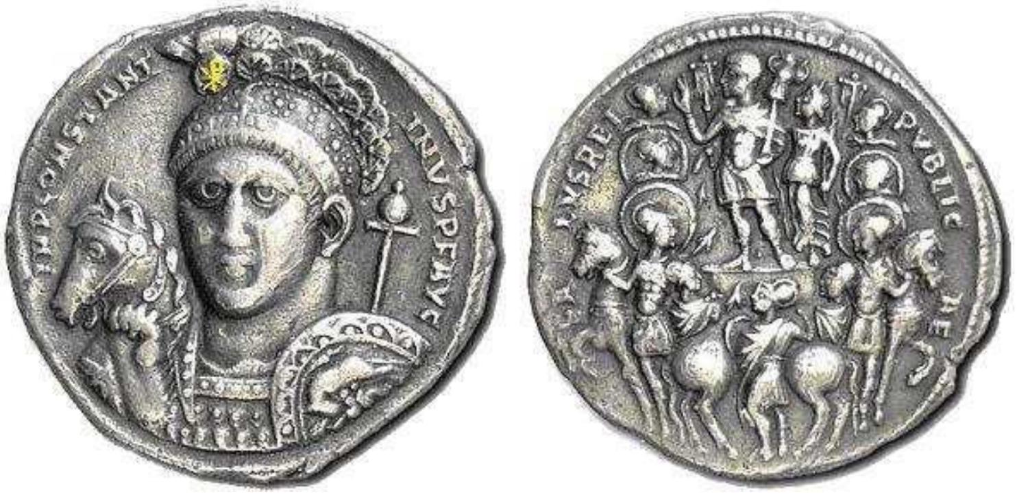 Figure 1. Silver medallion with a chi-rho on the crest of the helmet.  on arare silver medallion issued from Ticinum in 315. This medallion was not meant  symbols." The first instance of Christian symbolism on a coin of Constantine is a chi-rho 