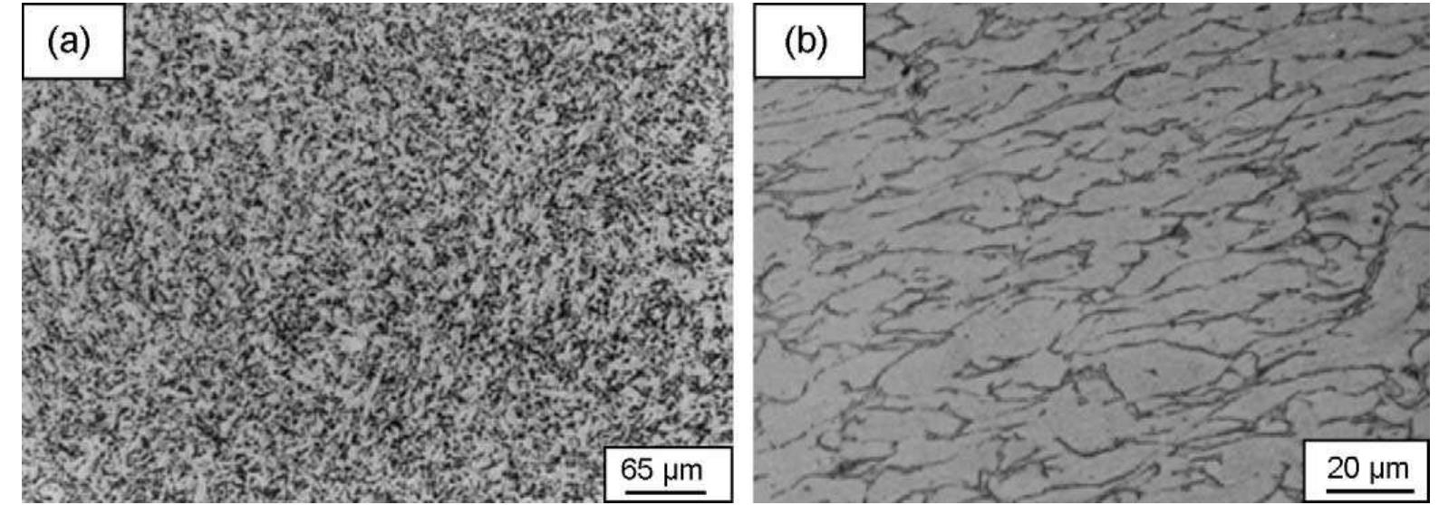Fig. 9. Microstructure of Ti-6Al-4V (a) under as received and annealed condition and (b) after cold working by equal channel angular pressing (ECA) technique. (Reprint from [55] and [56] with permission from Elsevier.)  1.2.1.3. Titanium and titanium alloys. Titanium as a pure metal was implanted for the first time into laboratory animals in 1940 by Bothe, Beaton, and Davenport [25]. They concluded titanium as a well-tolerated material as compared to stainless steel and Co-Cr- based alloys under in vivo conditions. The two most commercially used specifications for implants are Pure Ti (ASTM F67) and Ti- 6AI-4V (ASTM F136) [15]. These alloys have driven a lot of interest for load bearing implants due to its superior mechanical properties (tensile strength and fatigue strength), chemical stability (corro- sion resistance), and biocompatibility under in vivo conditions 