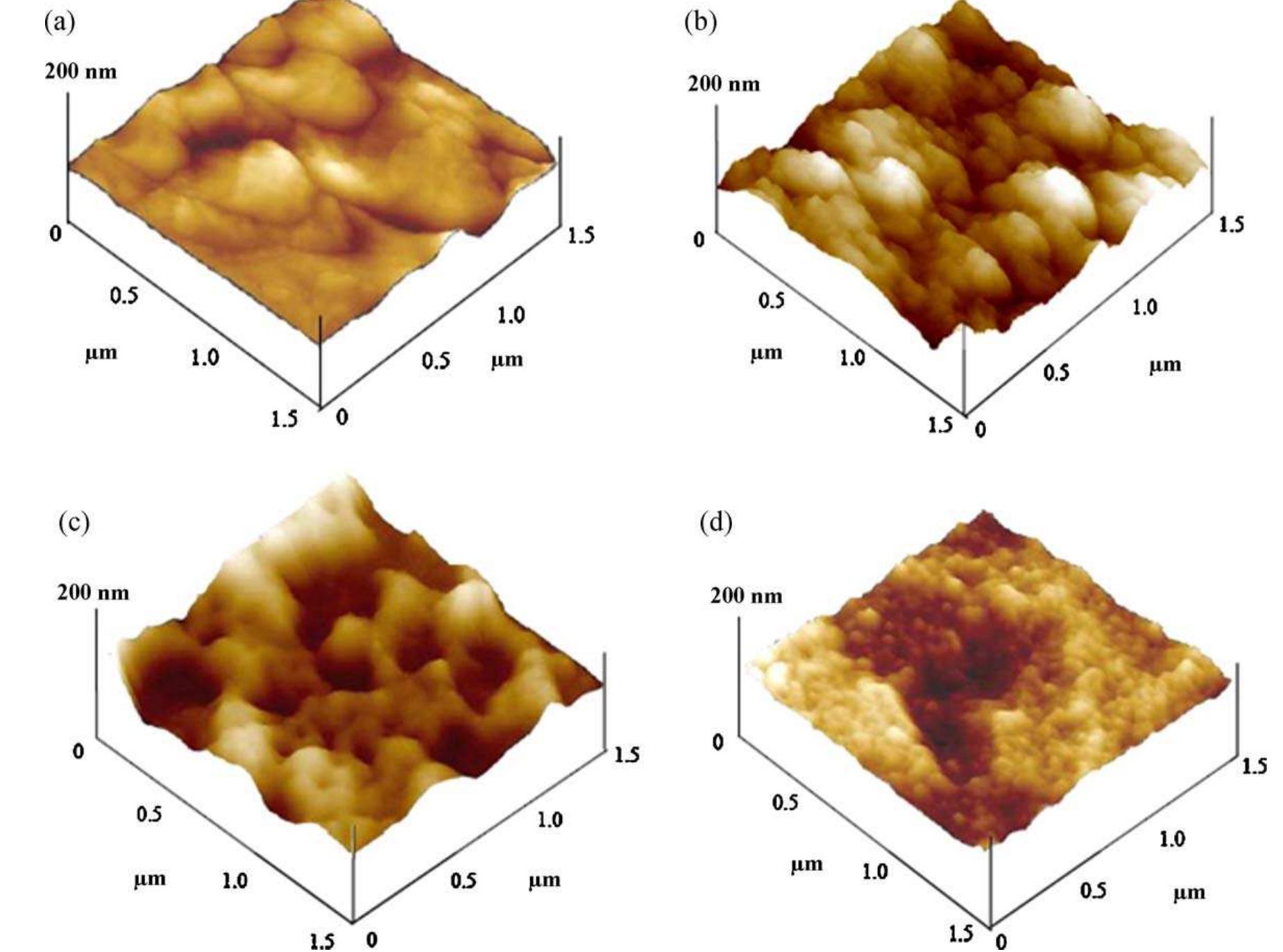 Fig. 30. AFM micrographs of an (a) untreated polyetherurethane surface, (b) O2 treated polyetherurethane surface, (c) Ar treated polyetherurethane surface and (d) N> treate polyetherurethane surface. (Reprinted from [130] with permission from Elsevier.)  Wilson et al. [130] used a low-powered gas plasma with Oz, Ar, and Nz as the treatment gasses to modify the surface of a medical  Khor et al. [129] used poly(styrene)-block-poly(2-vinylpyrin- dine) diblock copolymer (PS-b-P2VP) and poly(styrene)-block- poly(4-vinylpyrindine) diblock copolymer (PS-b-P4VP) to form surface-induced nanopatterns on mica substrate. Such surfaces were expected to attach mesenchymal stem cells and thereby induce a hierarchy of bone cell population. Diblock copolymers 