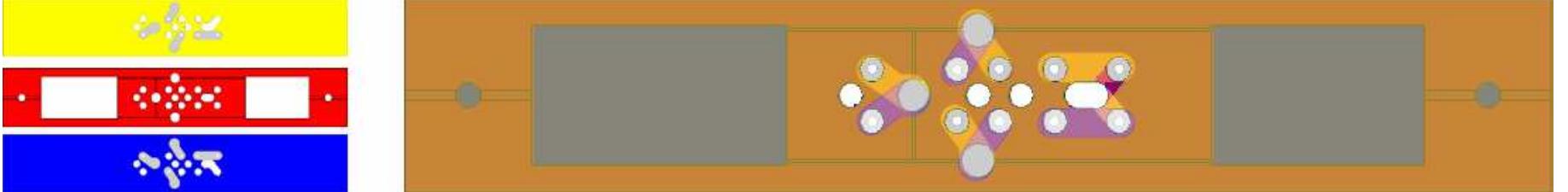 Figure 4: Semi-transparent overlay of the two base substrates with platinum electrodes and the cavity substrate showing how the different components work together. 