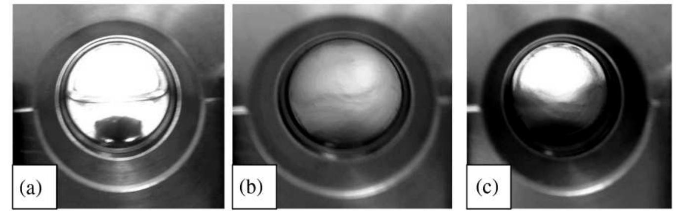 Fig. 2. Photographs of the sc-CO.-watersurfactant systems: (a) two phases of water and CO, at a temperature of 323 K and a pressure of 10 MPa without agitation, (b) emulsion at the same temperature and pressure with agitation, and (c) an incomplete dispersion state at 323 K, 6 MPa and under agitation. 