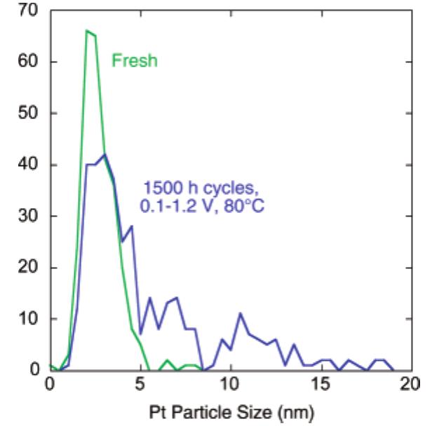 Figure 24. Pt particle size distributions comparing the Pt particles in a fresh cathode with Pt in the cathodes of MEAs subjected to 0.1-1.2 V potential cycling for 1500 h, 80 °C, and 50% RH. Modified from ref 387. 
