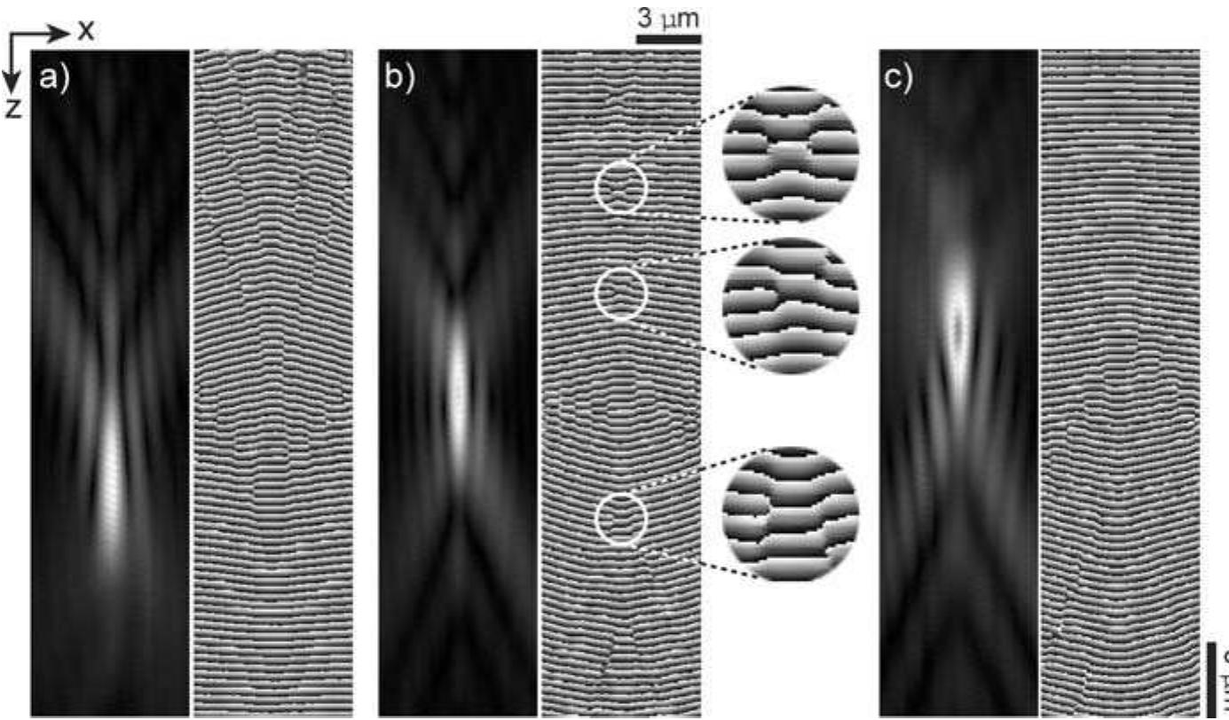 Fig. 10. Axial APSF (amplitude and phase) for different cover slip thickness compensation in an adjustable collar x20 0.4 NA microscope objective: collar at position O (a), 0.5 (b) and 1 (c). The insets enhance the phase singularities appearing at the zero intensity points. The intensity distributions are enhanced by a nonlinear distribution of the grey levels, the phase distributions are coded in eight bits between —z = black and z = white. 