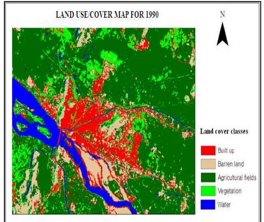 Using ground truth data and by referring to the Google earth, the classification accuracy is also estimated. The resulting classification accuracy and Kappa coefficient are given in the Table.5 below  Fig.2. Land use/cover map for the year 1990 