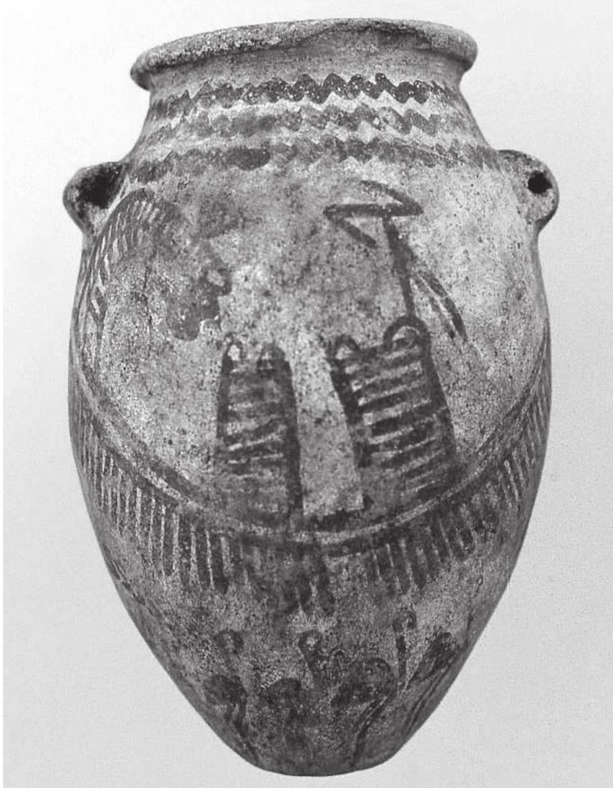 g. 8. La tombe prédynastique retrouvée en 2004 a el~Hosh contenait entre autres ce beau vase décoré en céramique. Sur cette face apparaissent les représentations d’un bateau muni de deux cabines et une rangée d’oiseaux, peut~étre des flamants ou des autruches. (© MRAH)  Fig. 7. Une tombe intacte de l’€poque prédynastique, plus précisément de la phase Nagada II, a été retrouvée par hasard en 2004 durant les fouilles menées a el~Hosh. Elle peut étre datée d’environ 3500-3400 avant notre ere. (© MRAH) 