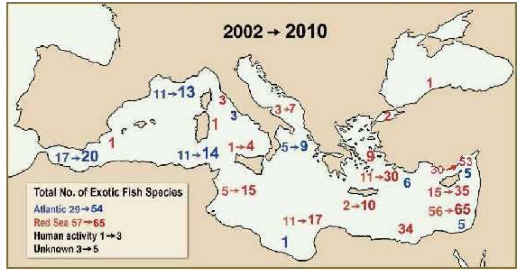 Figure 2. Alien fish species distribution and regional trends for the last decate in the Mediterranean Sea. 