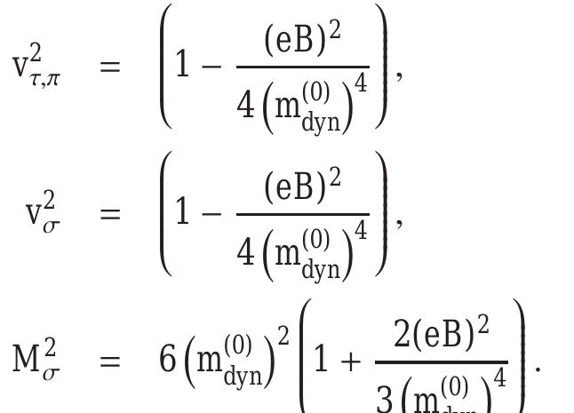 - Let us now tum to the supercritical region with g > gc. The analytic expressions for E,., and M2 can be obtained for small magnetic fields satisfying the condition y\eB] « m\y Where m\y , is the solution of the gap equation (72) at B = 0. In this case, from Eqs. (87), (88) and (89), we obtain:  Here we used the solution for the gap equation in Eq. (76), as well as the asymptotic expansion (77) for the ¢-functions at large values of the argument. The above results show that the velocity of the NG modes (which is always less than 1 in units of the speed of light) decreases and the mass of the o-mode increases as functions of the magnetic field. [In the original paper [35], the results at strong coupling and weak magnetic field had several mistakes, which were corrected in Eqs. (96) - (98).]  oad . a oe. ae a ~ eae - ee ar - oa 