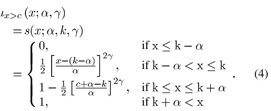 Thus, the condition of “rise time > 8 ns” can be represented as a sigmoidal MF as shown in Fig. 2. Note that when a@ — oo, the MF reduces to the step function and the fuzzy rule reduces to the original crisp rule.  or the extended S MF with two parameters a and y 