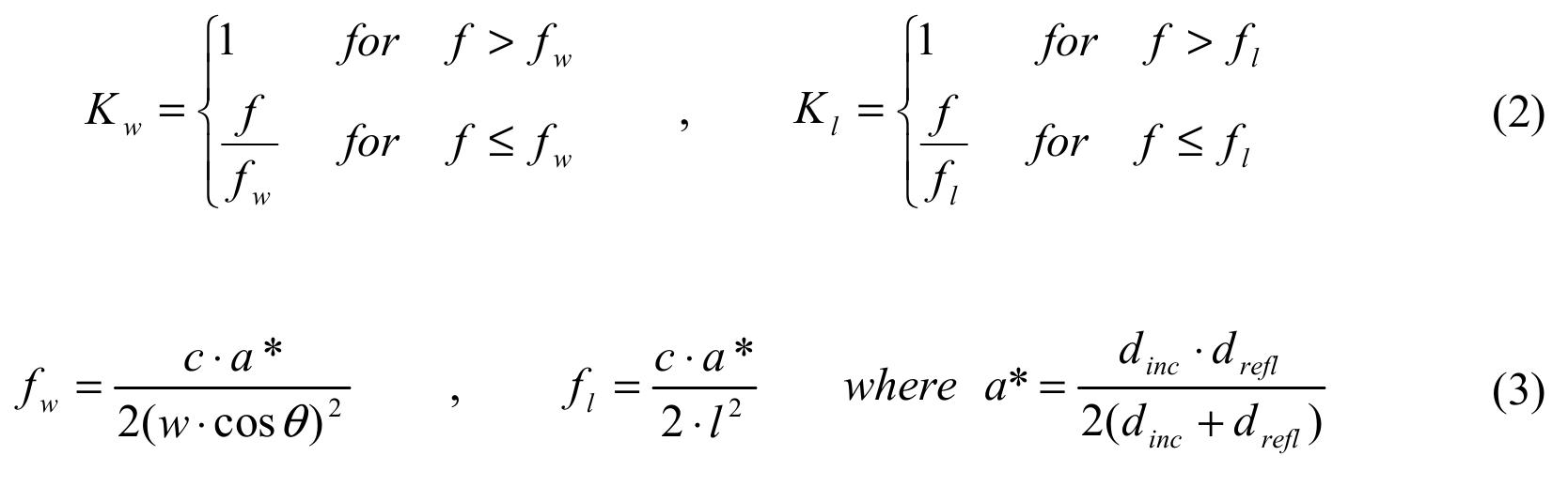 If we assume energy conservation then we must also assume that the energy which is not reflected specularily has been diffracted - scattered due to diffraction. This leads to the following formula for our scattering coefficient due to diffraction:  The attenuation factors K, and K,, are estimates to the fraction of energy which is reflected  specularily. These factors take into account the incident and reflected path lengths (for ray tracing we have to assume that reflected path length equals incident path length) and angle of incidence. All information, which is not available before the calculation takes place. 