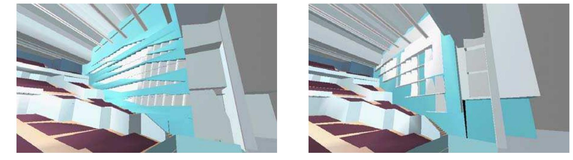 Figure 4 — Different wall configurations tested September 2002  During the period from February 2001 to September 2002 there was a lively exchange of design proposals from the architect and results from acoustic computer simulations. Particularly the treatment of the side walls with sound reflecting/diffusing structures led to many proposals which should be simulated and evaluated acoustically. In this process it was very important to have possibility to import the wall details in the DXF format into the ODEON program. In this way it was possible to report the acoustic evaluations very quickly after the electronic drawings were received. Examples from this process are seen in Figures 4 — 7. 
