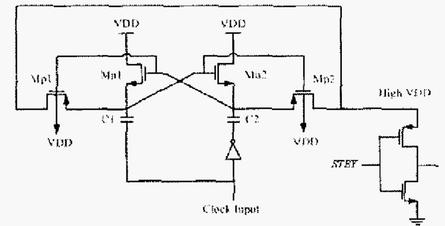 Fig. 5. Schematic diagram of the selected charge pump circuit with a small peak-peak ripple [8].  In order to bias the SCT gate with a voltage higher than the Vdd, a charge pump circuit is used, The schematic of this circuit is depicted in figure 5 [8], The capacitors Cl and C2 are charged repeatedly to higher voltages in consecutive clock phases. When this process continues, the average voltage at the drain of the transmission gate PMOS transistor increases to a value more than Vdd. There are two important properties for this special circuit. First, an almost steady output voltage with less than 30mVpp ripple (suitable for driving a variety of circuits with different optimal SCT gate voltage). Second, ability to set the desired output voltage with adjusting few parameters in the circuit like C1 and C2 capacitors. Third, its power consumption and area occupation is reasonable. 