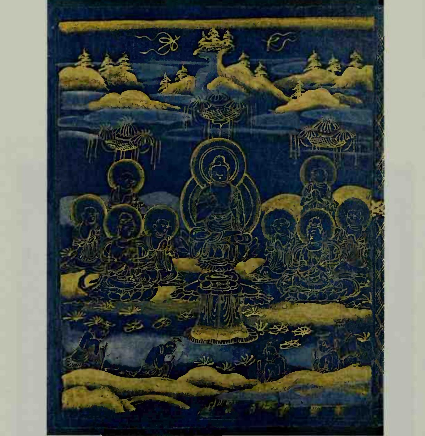 PLATE 30 — BUDDHA PREACIIING TO BODHISATTVAS AND MONKS. Frontispiece ol a sufra scroll, 9.5 m. long, con- taining Chapter 281 of the Prajndpdramita-hridaya-sttra (Japanese: Hannya-haramitta-shin-gyo: “Sermon of the Heart of Perfect Wisdom’). Painting in silver and gold on dark blue paper. Japan, 12th cent. 25.5 * 19 cra. Museum fiir ostasiatische Kunst, Cologne.  Part of a series of Buddhist siitra scrolls. executed in the same way. most of which still belong to the Chason-ji Temple (north-eastern Japan) founded by Fujiwara princes: these scrolls were thus a votive offering by the aristocracy, Below, in front of the group of sacred figures, are several worshippers wearing court dress. The whole group is conceived as in a vision, amidst a landscape summarily indicated, floating on  clouds.  