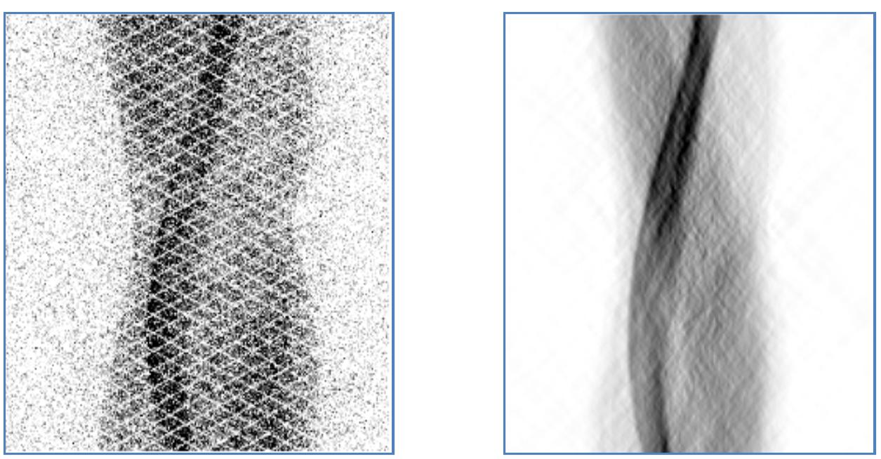 Figure 12. Raw sinogram (left) and the same sinogram corrected for attenuation,  randoms, scatter, and normalization. 