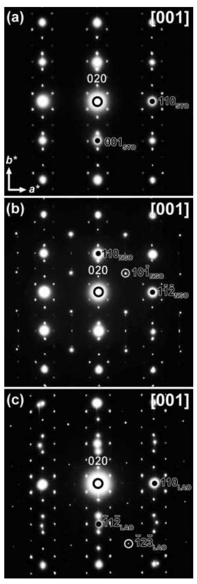 Figure 4. ED patterns of the SFO/STO (a), SFO/NGO (b), and SFO/LAO (c) films along [001]seo. The EDs are a superposition of the patterns from substrate and film; the most intense reflections are due to the substrates, whereas the weaker ones are due to the SFO film. The experimentally obtained modulation components are a~0.36 (a), @=1/3 (b), and a=0.43 (c). 