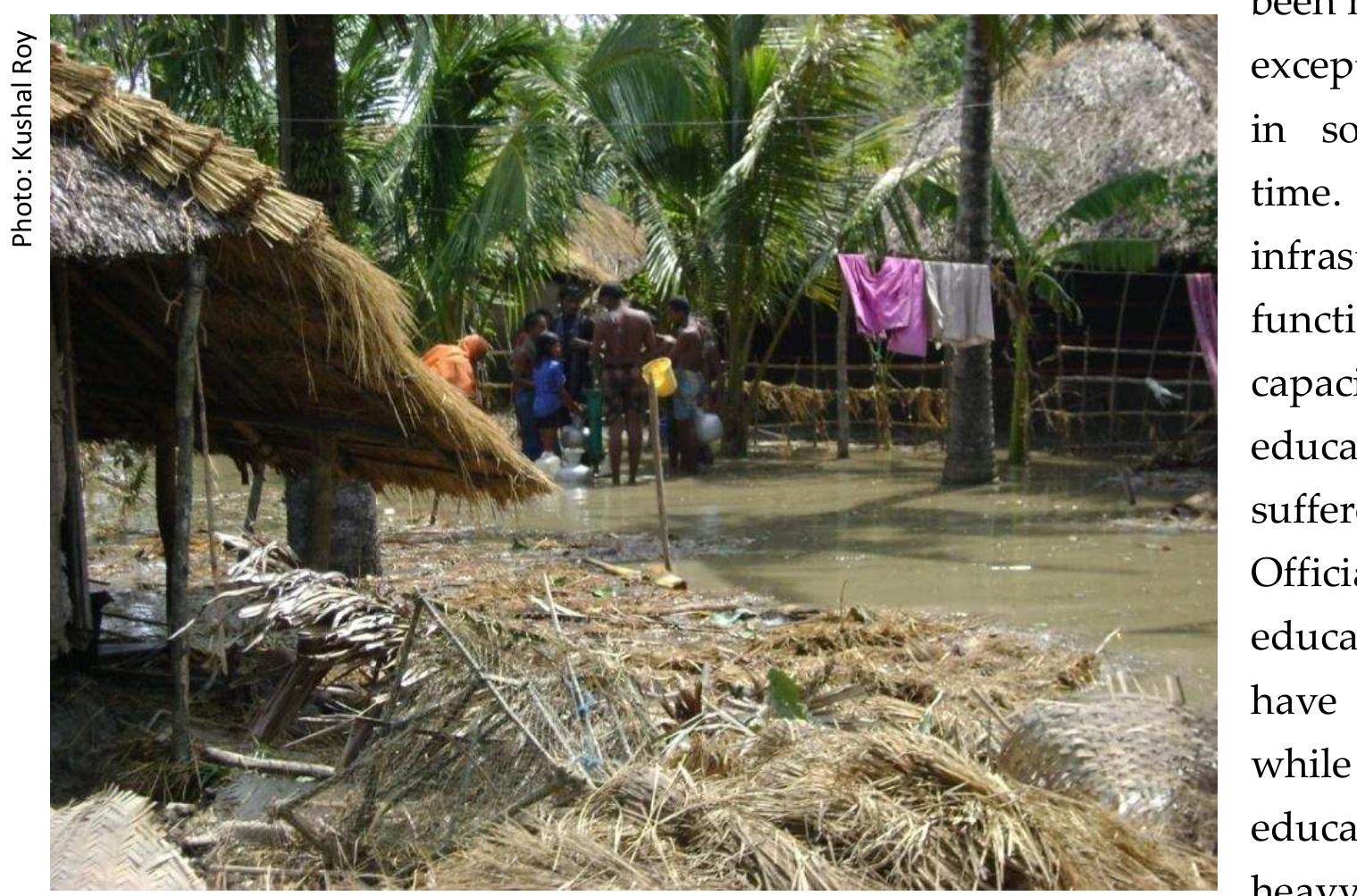 Critical infrastructures like the hospitals, clinics, food storage, power relay centers etc haven't  Critical infrastructures  ‘Roads and embankments’ is one of the worst affected sectors in Aila. The local Roads and Highway authorities confirmed full damage of 367 km of road and partial damage of 1065 km of road only in Khulna District. Locals report about 35 breaches in the embankment system around the district, while the officials of The Disaster Management Information Centre estimated about 597 km of embankment been damaged. The government has taken initiatives to repair the embankments. However, reports from Koyra, Dacope and Paikgacha divulge that in those places most repairs haven't been successful due to high pressure of tidal prism and continuous water flow through the breaches.  distribution networks and heavy risk of electrical shocks on wet surfaces. 