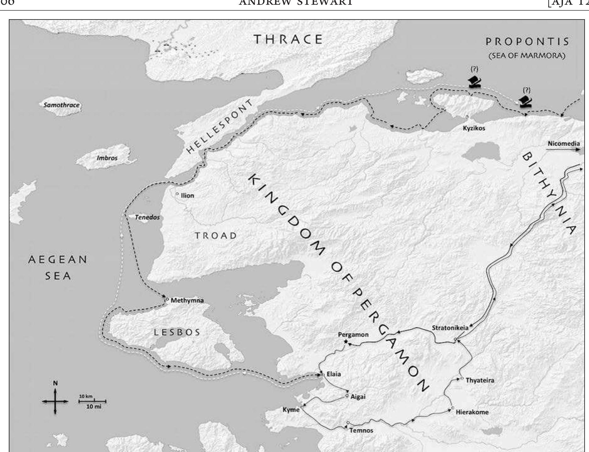 FIG. 6. Prousias II of Bithynia’s invasion of Pergamon in 15S B.C.E. and his retreat. In 154, Attalos’ fleet retraced Prousias’ course, perhaps penetrating as far as Nikomedia. Solid black lines show the advance and retreat of the Bithynian army; the dotted black line marks the advance of the Bithynian fleet, and the dotted white line shows its retreat (base image courtesy University of North Carolina at Chapel Hill, Ancient World Mapping Center; www.awmc.unc.edu). 