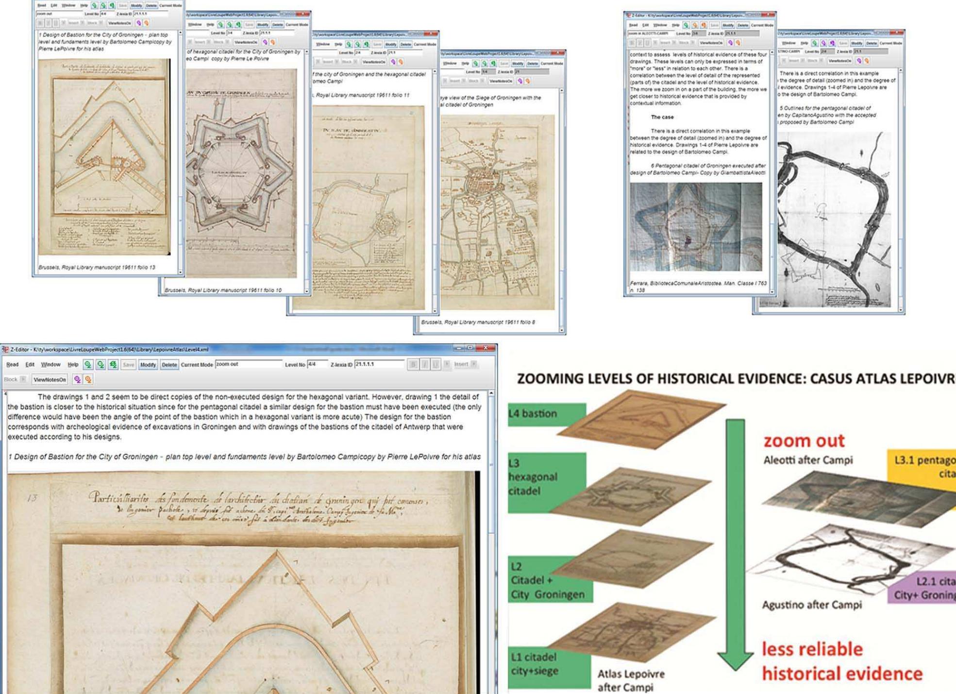 Figure 4. Lepoivre Atlas. Z-text layout (top), level 4 (bottom left); interpretation (bottom right). The imaginary space of historical repre- sentation can be traversed through layers corresponding to decreasing levels of historical evidence (top left) or to different perspectives (Campi/Aleotti and Agustino variants, top right). 