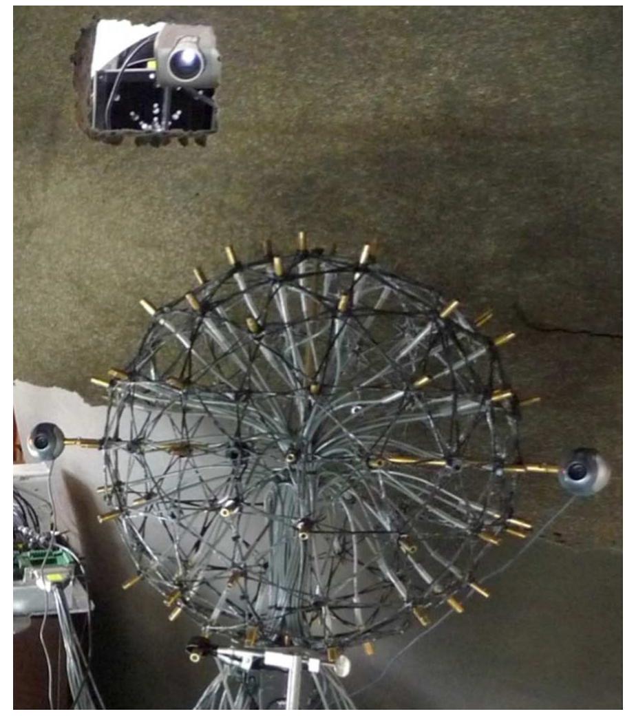 Fig. 2. Structured light experimental setup for a spherical microphone array containing three cameras and a data projector used to obtain 3D surface scans of an object for acoustic imaging. 