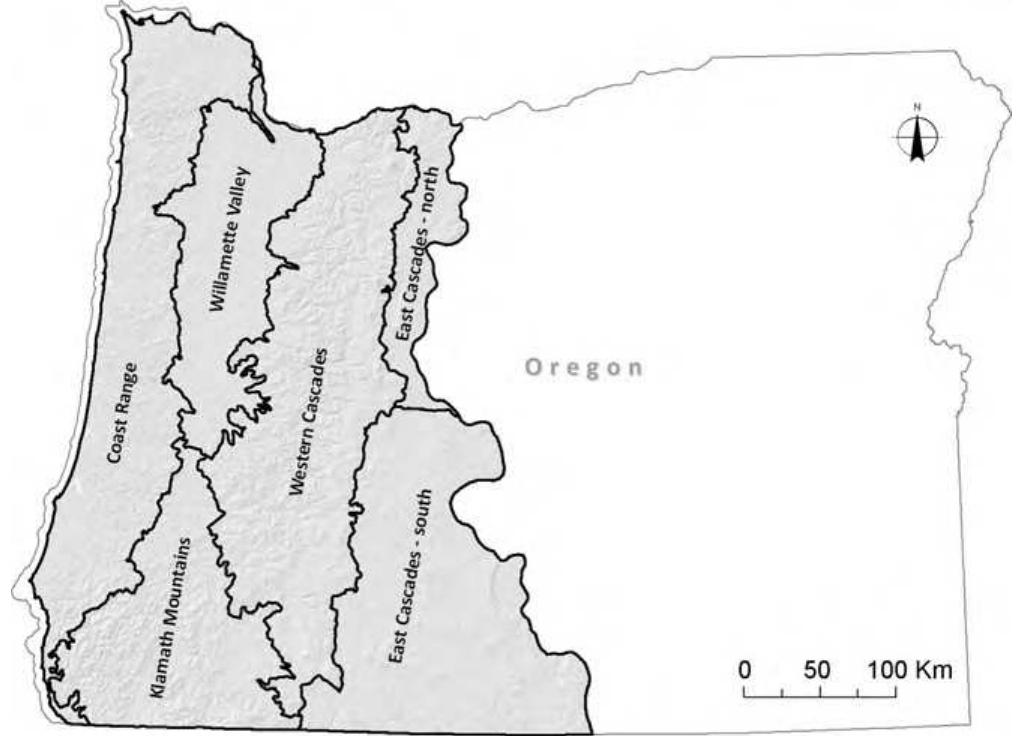 Fig. 1. Study area: six ecoregions in western Oregon that have susceptible host species and climate conditions potentially suitable for establishment and spread of P. ramorum.  We restricted our modeling area to six ecoregions in western and central Oregon that have susceptible host species and environ- mental conditions that can potentially harbor P. ramorum: Coast range, Willamette valley, Klamath mountains, Western Cascades, East Cascades-north, and East Cascades-south (Fig. 1). To map and rank susceptibility and distribution of P. ramorum hosts, we used geospatial vegetation data developed using gradient nearest neigh- bor (GNN) imputation (Ohmann and Gregory, 2002; Ohmann et al., 2007; Pierce et al., 2009). The GNN method applies direct gradient analysis (canonical correspondence analysis) and nearest neigh- bor imputation to ascribe detailed ground attributes of vegetation to each pixel in a regional landscape. We developed GNN species models for each of the six ecoregions in western and central Ore- gon in which P. ramorum hosts occur. Field plot data consisted of canopy cover of plant species recorded on several thousand field plots installed in regional inventory, ecology, and fuel mapping programs. Spatial explanatory variables were measures of climate, topography, parent material, and geographic location. The result-  