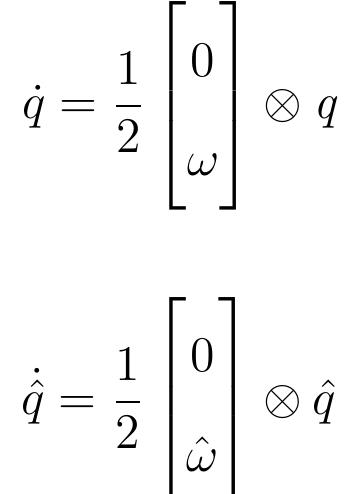 The true and estimated attitude quaternion dynamics are given by the equations  The bias error dynamics are modeled as a first order Gauss Markov process as 