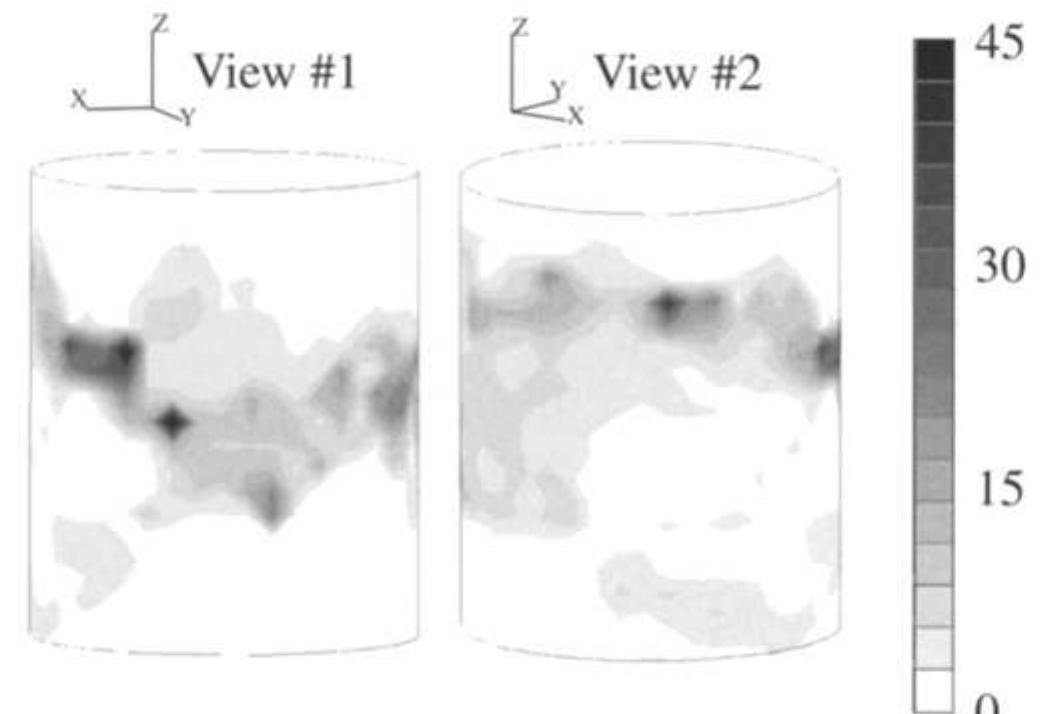 Fig. 5—Two different surface views of the rotation angle distribution for an aluminum foam material loaded in com- pression to a nominal value of 10%. Scale is in degrees  Fig. 4—Two different surface views of the minimum principal strain distribution for an aluminum foam material loaded in compression to a nominal value of 10%. Arrow shows location of errors in 3 DOF method that do not appear with 6 DOF method. Scale is in mm/mm 