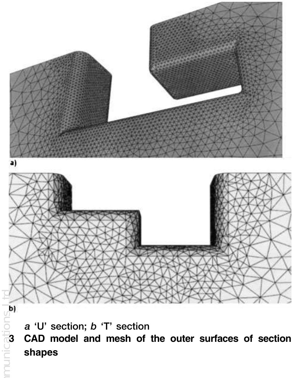 for the billet using three node tetrahedral elements as shown in Fig. 2. To control the degree of remeshing in the areas where high deformation is expected, fine refinement mesh boxes of an Eulerian type (but maintaining Lagrangian flow) were applied to the billet. The remeshing values are controlled by an average aimed size of an edge of an element and the distribution is specified by ‘mesh boxes’, 1.e. boxes that define regions of the mesh on which a mesh size is imposed during the computation. Refinement mesh boxes for the T, U and square shapes were defined and applied at the re-entrant corners where high deformation is expected as illustrated in Fig. 3. The average initial mesh size in the billet is 4 mm.  