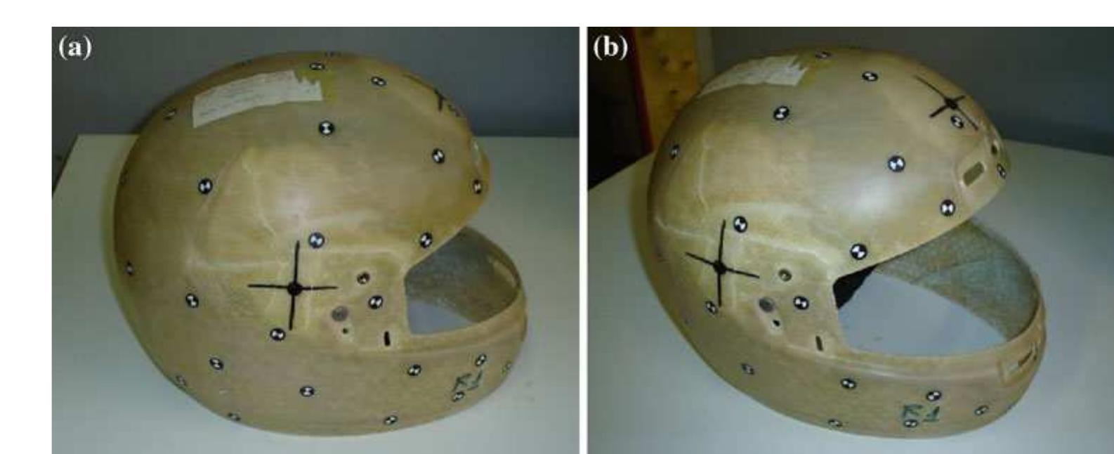 Experimental tests have been carried out reconstructing nominal geometries (spherical and cylindrical surfaces) and  Fig. 13. Two different views of a motorcycle helmet used for testing 