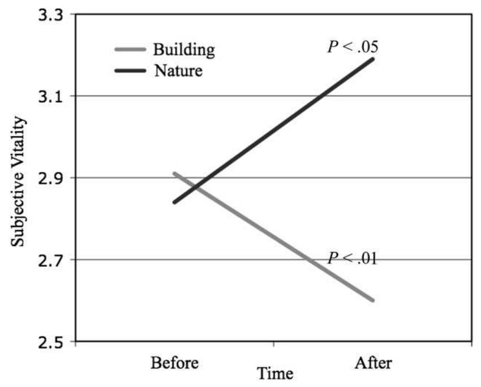 Fig. 2. Study 3 interacting effects of nature or building slide intervention predicting vitality over time. 