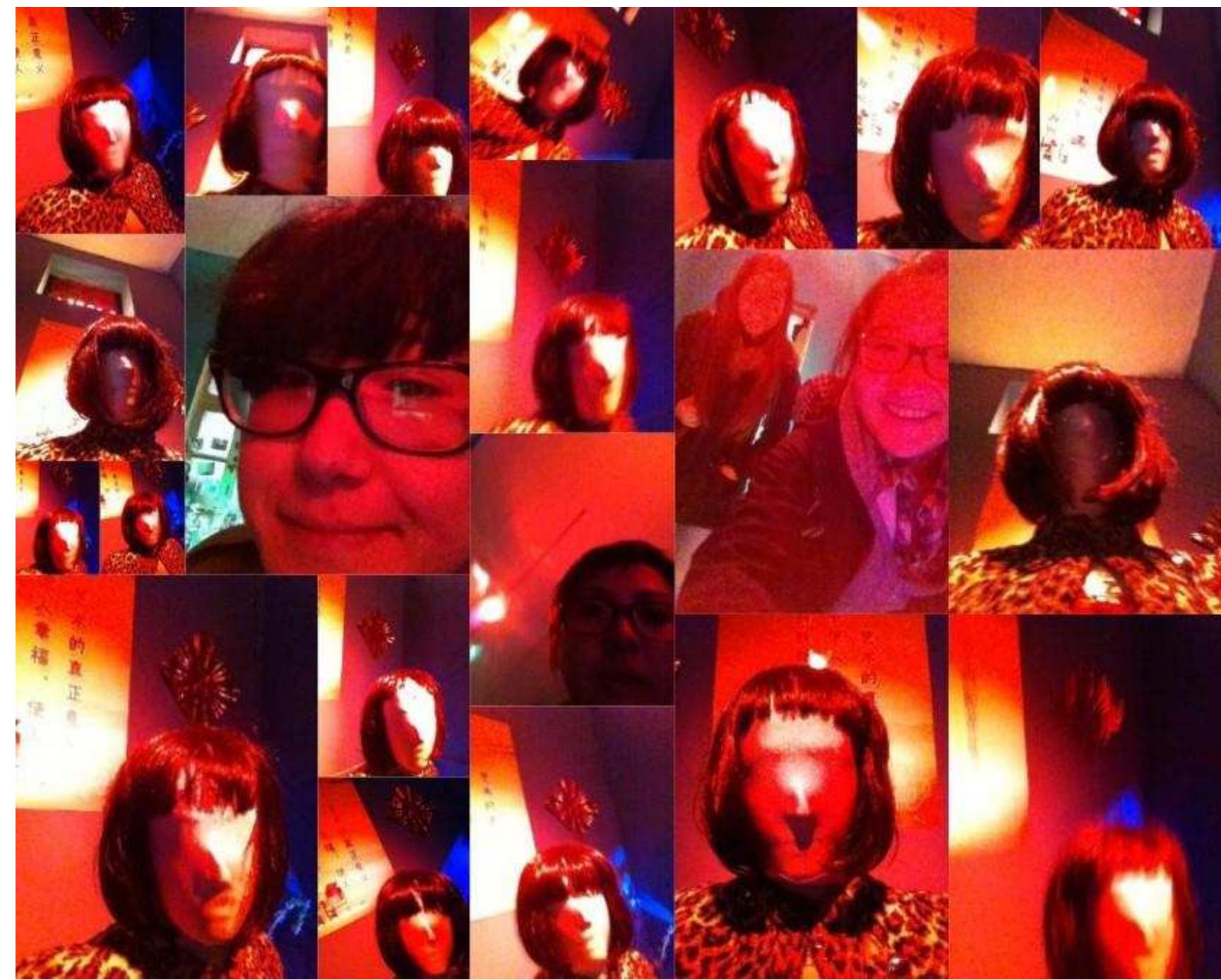 Figure 12. Selfies shot during the first performance of DongXi DongXi, Beijing.  were pictures of people taking selfies, joking about selfies, editing their and their friends’ selfies, making statements about their lives through selfies, selling things through selfies, and so on. At the same time, local artists were incorporating this vernacular genre of self-portraiture into their  own practice, each from a different point of view. We were left with a paper to write and an artwork to put together. 