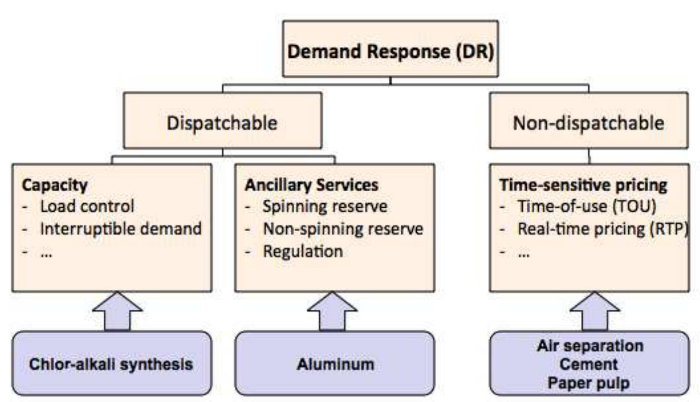 Figure 1: Illustration of DR applications for chemical processes according to the classification of DR programs by NERC (Voytas et al., 2007); reduced diagram.