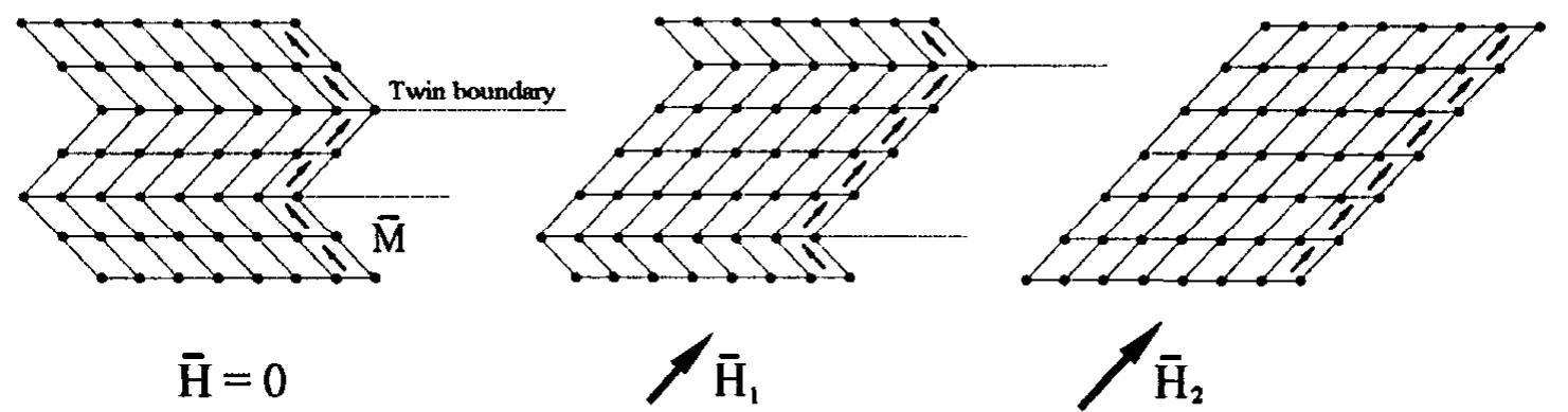 Figure 2. Magnetically induced growth of the twin variant which is in favorable orientation to the external magnetic fielc (Hy < Hh).  AO UY CIPI Sy IVYUUOU LUE POULISTILIE Ut CVV OULU LU tall a Ola! oid (by UMIVIUUe WIC Te chanical work done in the matrix) [5,6]. W is the work done by the actuator material. Appropriate field energies E required for driving the actuators are Ux > E> E,+ W.  Control of the shape memory effect by a magnetic field is expected to be possible in several ferro- magnetic materials. In some alloys twin boundaries or martensite interfaces are highly mobile. Growth of the martensite plates by low magnetic fields was recently demonstrated in an Fe-33.5Ni alloy [5,6]. Magnetic-field-induced shape changes attributed to the reorientation of the twin structure were previ- ously observed in ferromagnetic steels that exhibit a shape memory effect [8]. As the reorientation of 