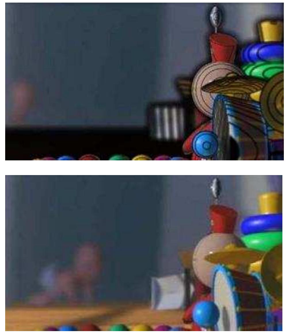 Figure 7: Pixar’s tin-toy scene blurred by Barsky’s discrete depth method. Black bands occur at layer boundaries (top) unless object identification is utilized (bottom) (images from Barsky [4)]). 