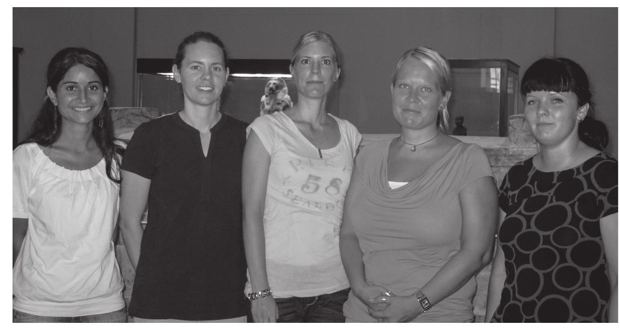 Fig. 5. Five of the Egyptian Museum’s registrars at work in their former office. Clockwise: Ghada Tarek, Dalia Galal, Mohamed Osman, Amina El Baroudi, Marwa Abdel Razik  Fig. 6. Members of the ARCE team, from left to right: Nora Shalaby, Stephanie Boucher, Sara Kayser, Sari Nieminen, Elina Nuutinen 