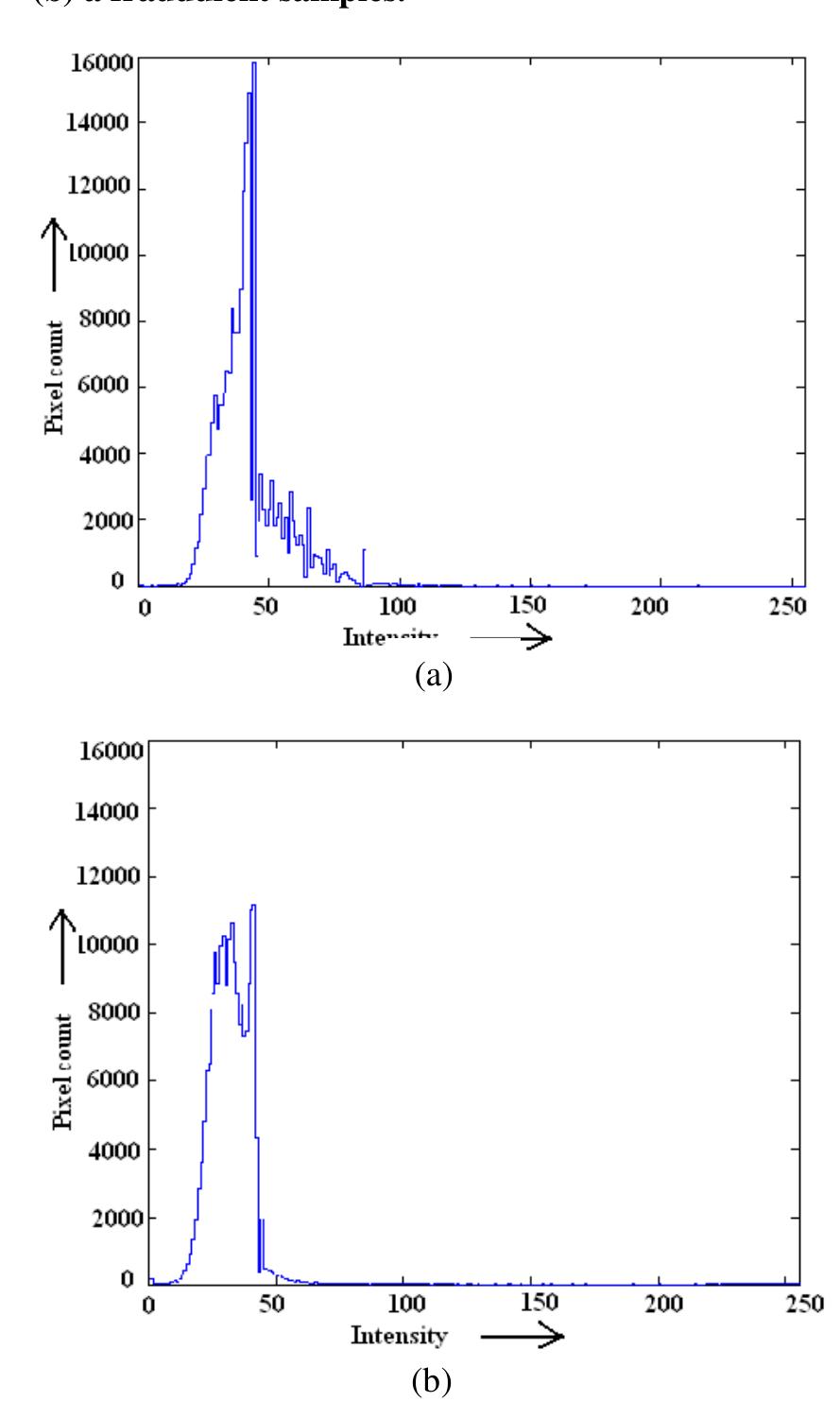 Figure 3. Histogram of hue of character strokes: (a) genuine and (b) fake samples. 