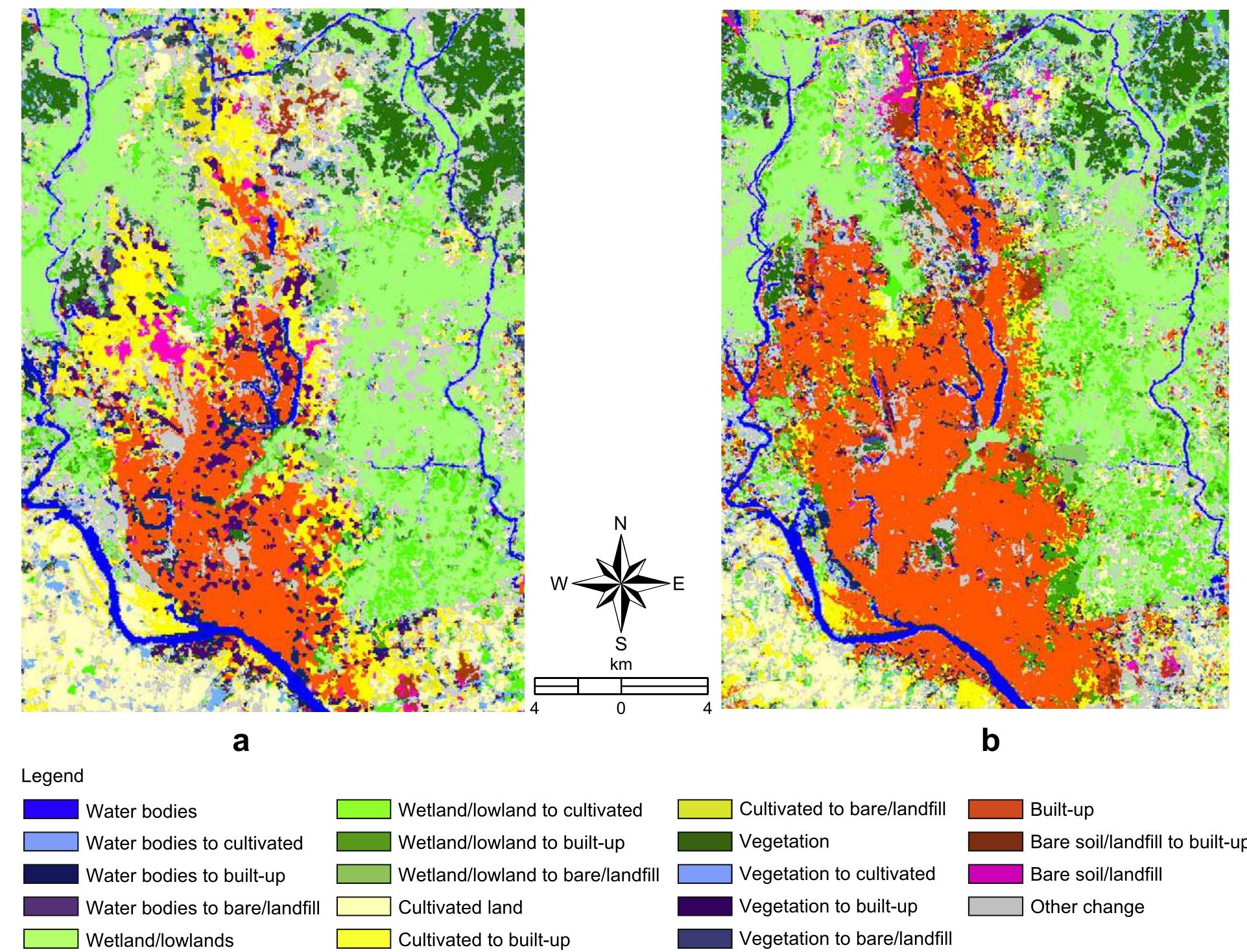 Fig. 3. Major land use/conversions in Greater Dhaka (a) 1975-1992 (b) 1992-2003. LULC changes and urban expansion of Greater Dhaka is governed by a combination of geographical, environmental and socio-economic factors. Although population growth is the primary cause for rapid urbanization, the contribution of other