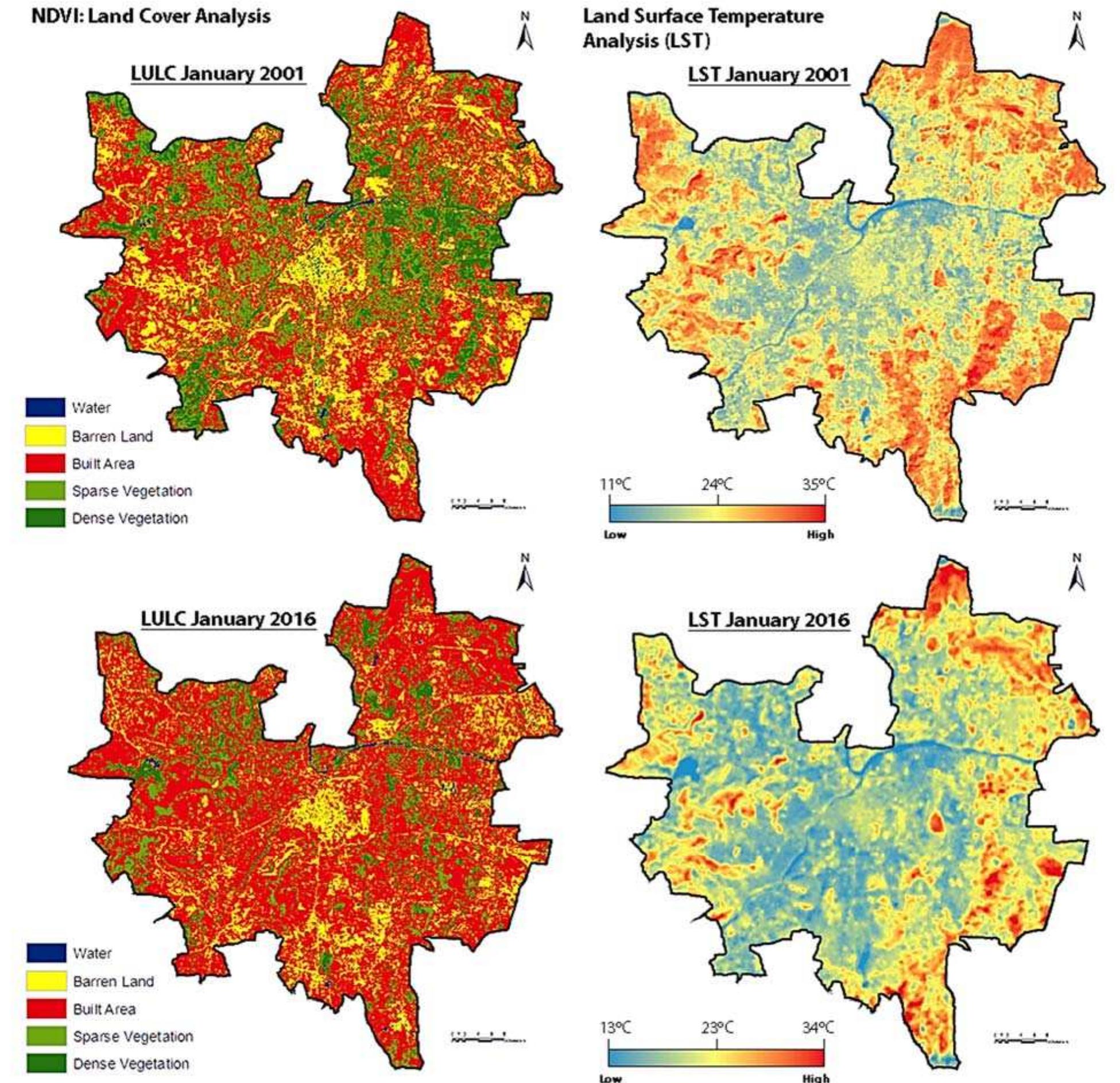 Fig 5: NDVI and Land Surface Temperature- Winter correlations for January 2001 and 2016 [8]  This depicts that the correlation between LST and NDVI is stronger for summer which further indicates that reduced green spaces in summer would affect the rise in LST to a greater extent as compared to that of winter season. The allied reason for LST to be more dominant and leading to UHI effect in summer is the already high atmospheric temperature. The difference in slope for trends (Figure 3) quantify the prominence of this cooling effect for PMC area. The cooling effect reduces as a logarithmic function to distance from the green space. This spatial autocorrelation seems to extend up to 4 km in direct proportion with area and green index of open space and water bodies. 