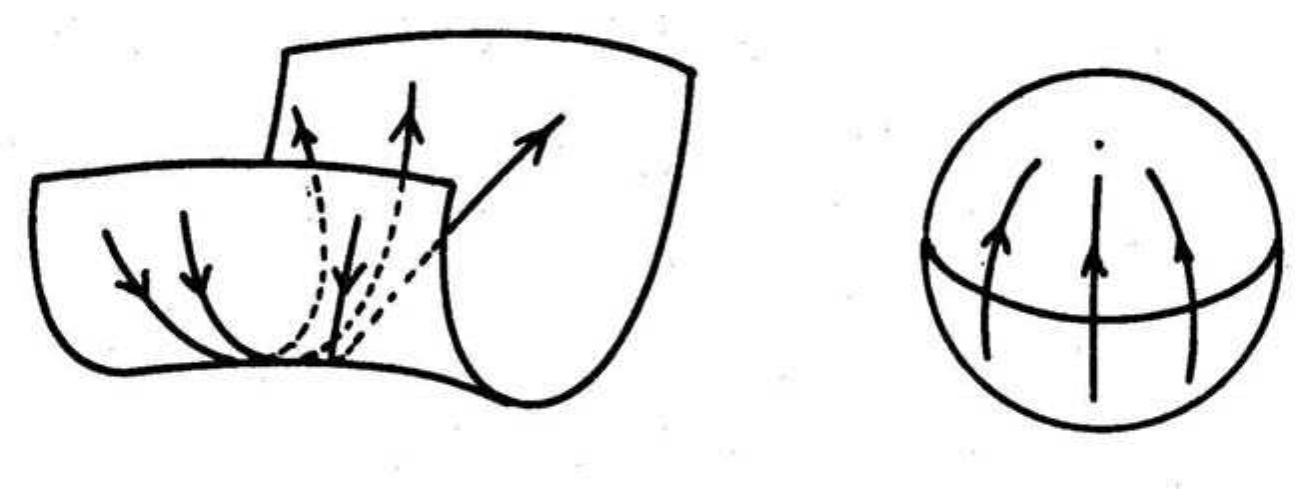 Fig. 12. Trajectories on a surface with negative curvature have positive Lyapunov numbers, on such a surface two trajectories that are initially at some point close and parallel separate exponentially both in the past and in the future. This is not so for trajectories on a spherical surface 
