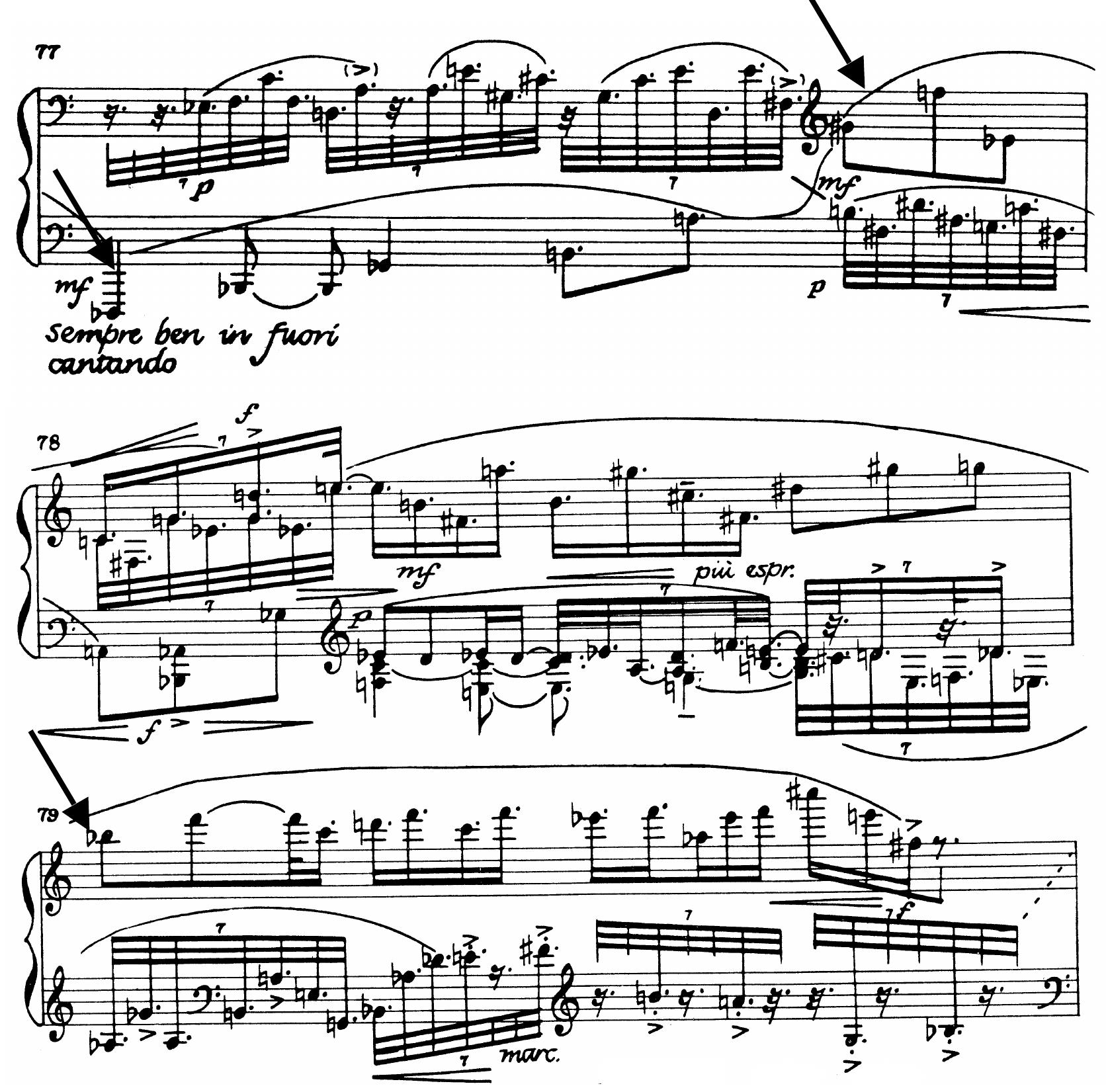 Figure 25 — Night Fantasies - melody exchanging hands sempre ben in fuori (bars 77-79) 