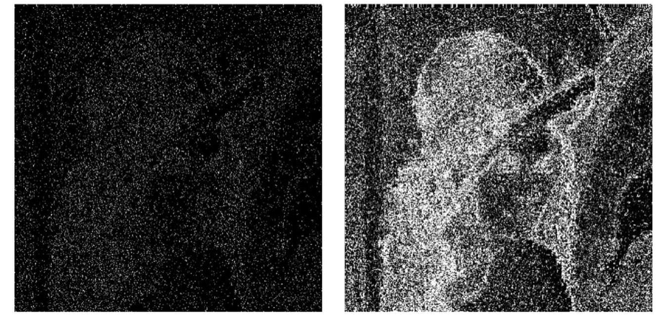 Figure 4. The error image (left) and the Base matrix (right) (IOF 40, payload 0.4 bpp, 56.33 dB). 