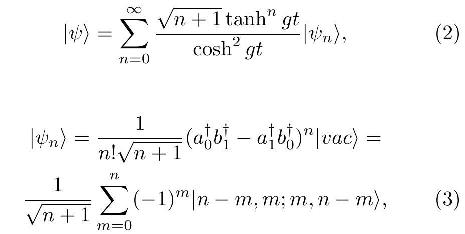 where |n — m,m;m,n—m) signifies a state with n — m photons in mode ag, m photons in mode a,, m photons in mode bo and n — m photons in mode 0}.  where the coupling constant g is proportional to the pump laser amplitude and nonlinear coefficient of the crystal, the creation operators a; and 0; refer to the two “halves” of the entangled state discussed above, and the index i = 0,1 refers to a mode of the degree of free- dom in which the entanglement is prepared, i.e. either polarization or time bins. Each “mode” in our above  terminology therefore really corresponds to four physical modes ao, 41, b9, b;. One can show that 